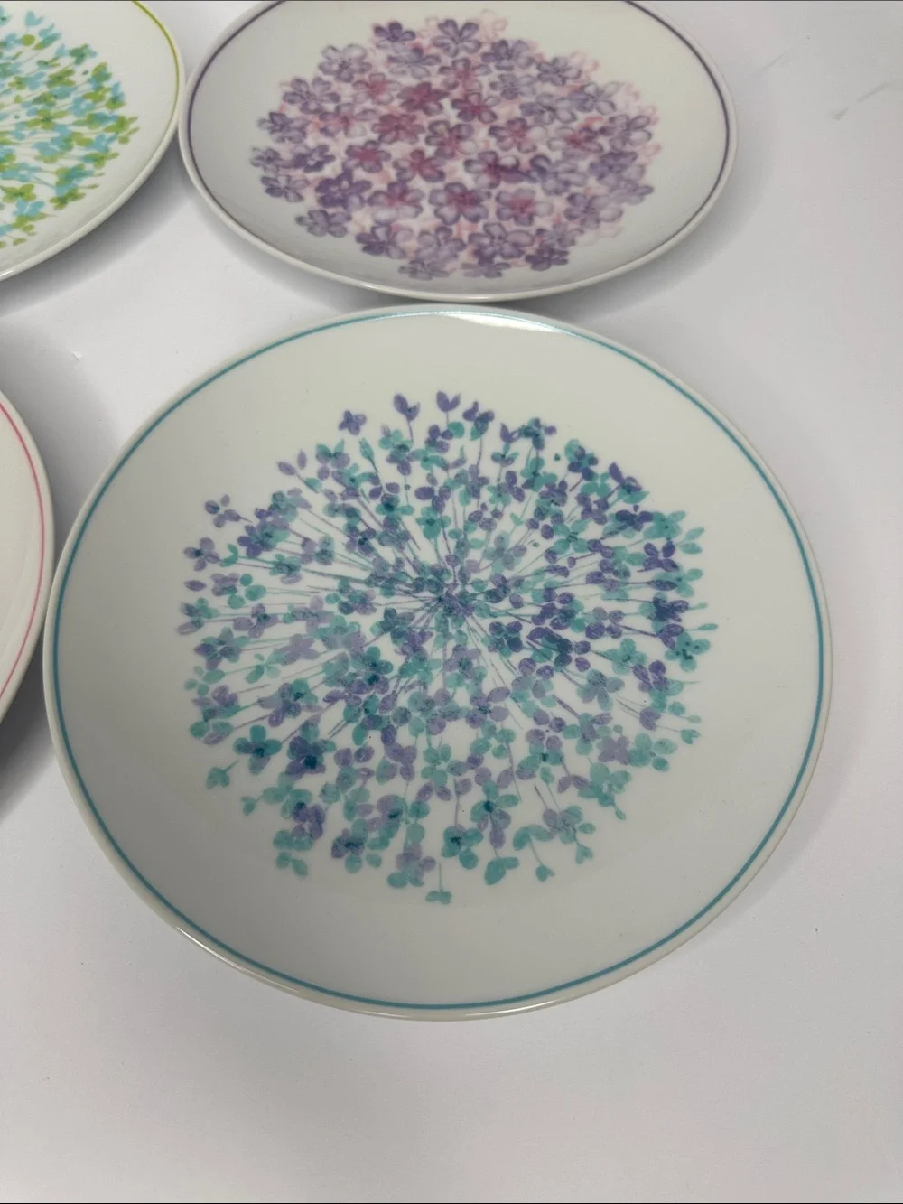 Crate&Barrel Floral Dessert Plates in Green, Purple, Pink, Teal - Set of 4